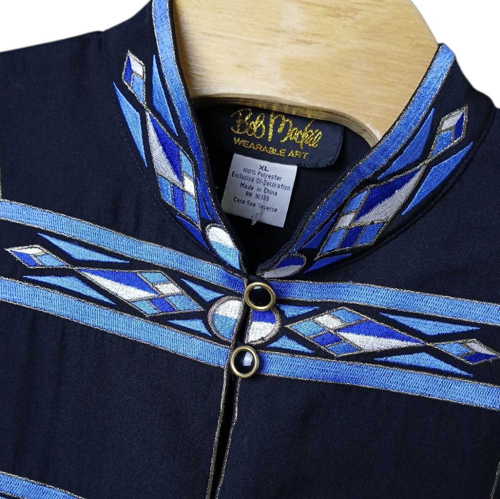 Bob Mackie Wearable Art Embroided Diamond Blues Black Flowy Blouse XL
